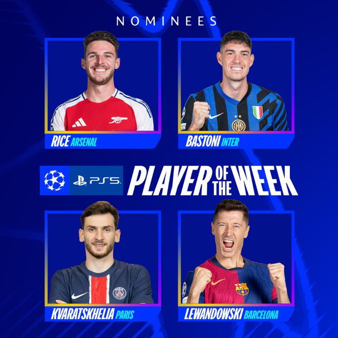 "欧冠辉煌之夜：赖斯任意球双响荣膺首回合之星，莱万闪耀候选阵容"