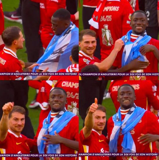 "利物浦荣膺冠军，麦卡的创新之举：阿根廷国旗别出心裁地系在科纳特颈间，象征团结与胜利瞬间"